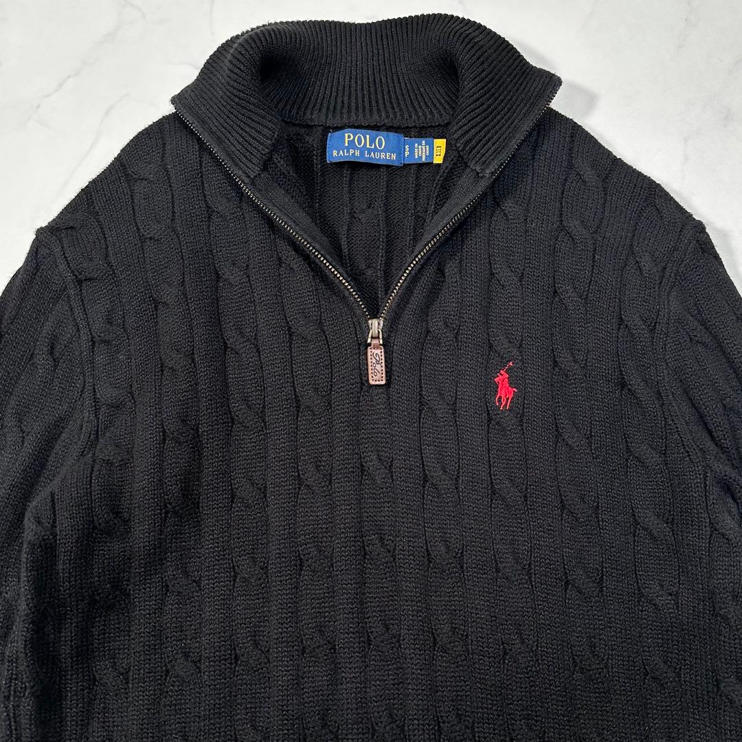 ポロラルフローレン ハーフジップ ケーブルニット 現行タグ 黒 S 実寸M相当