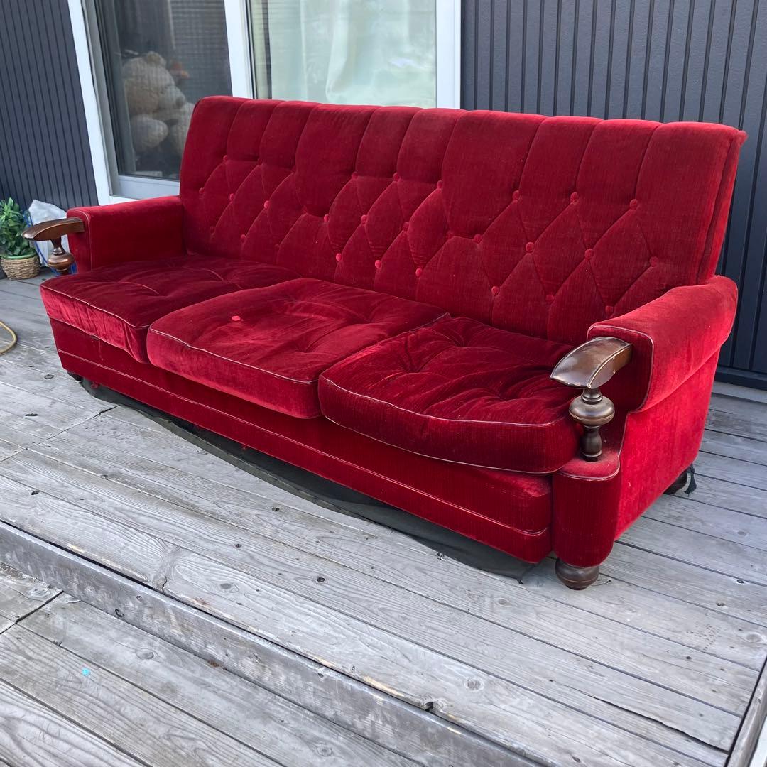 昭和レトロ 古家具 三人掛けベロアソファー アームチェア ヴィンテージ