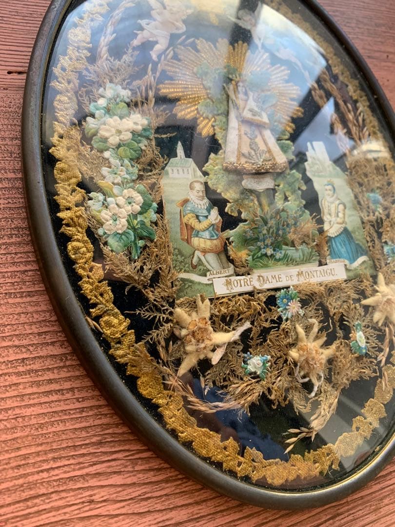 フランスアンティーク 19世紀ベルギーガラス額に美しくデコパージュ