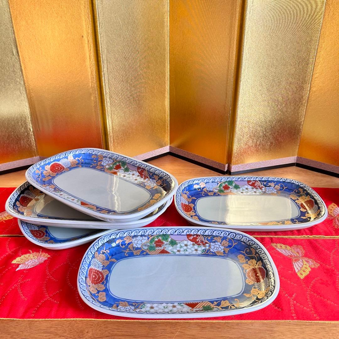 未使用品】有田焼 清秀窯 金彩古伊万里 濃木甲 多用皿揃 楕円皿5客 元