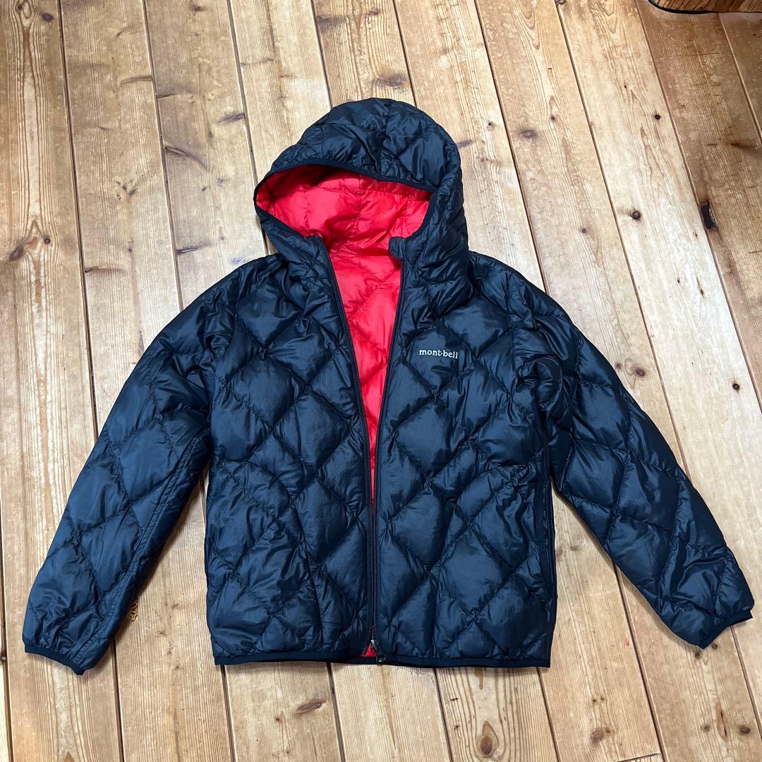 モンベル ダウンジャケット リバーシブル 黒 赤 フード ナイロン 中綿
