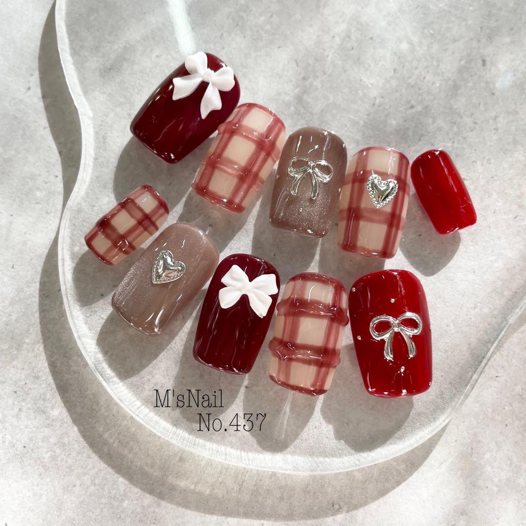 ネイルチップ 韓国 ガーリー 可愛い 赤 チェック リボン 量産型