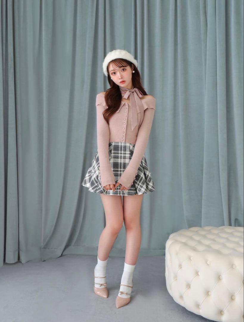 Mmeemeエムミーエメ ビジューチェックフレアミニスカート エムエメ グレー