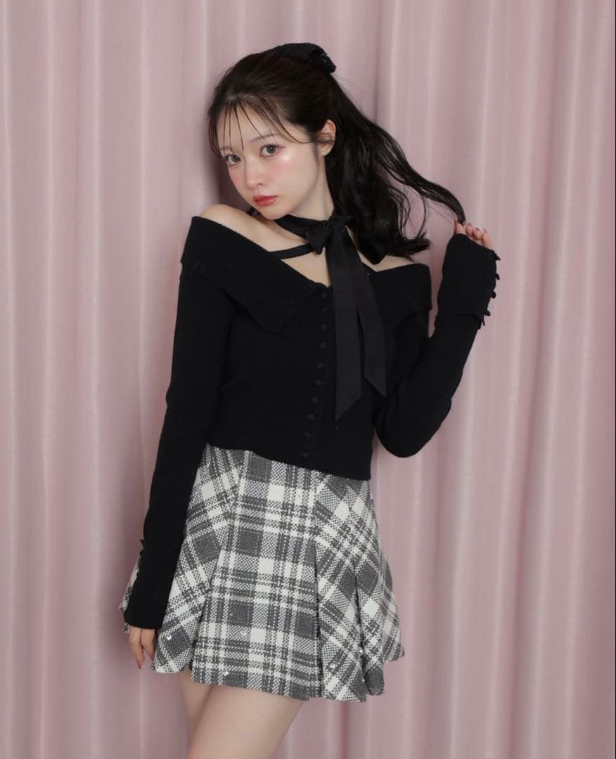 Mmeemeエムミーエメ ビジューチェックフレアミニスカート エムエメ グレー