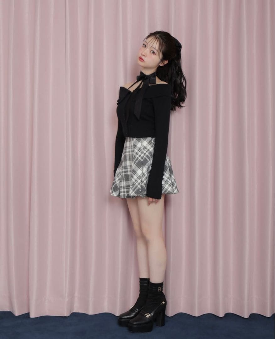 Mmeemeエムミーエメ ビジューチェックフレアミニスカート エムエメ グレー