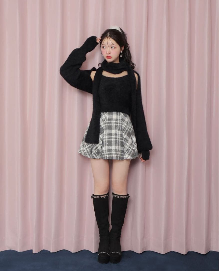 Mmeemeエムミーエメ ビジューチェックフレアミニスカート エムエメ グレー