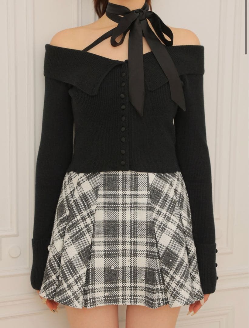 Mmeemeエムミーエメ ビジューチェックフレアミニスカート エムエメ グレー