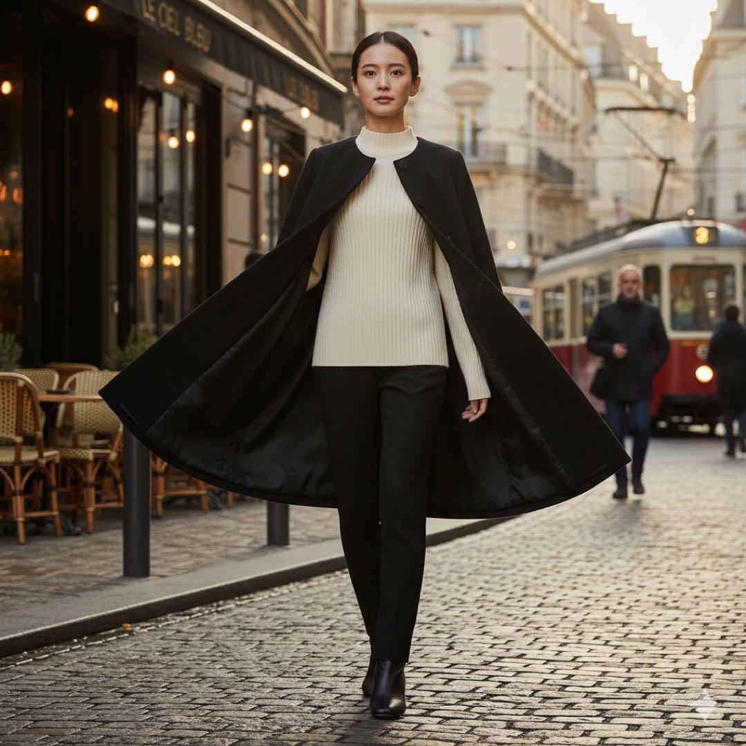 LE CIEL BLEUのウールケープコート ポンチョロングコート シェルブルー