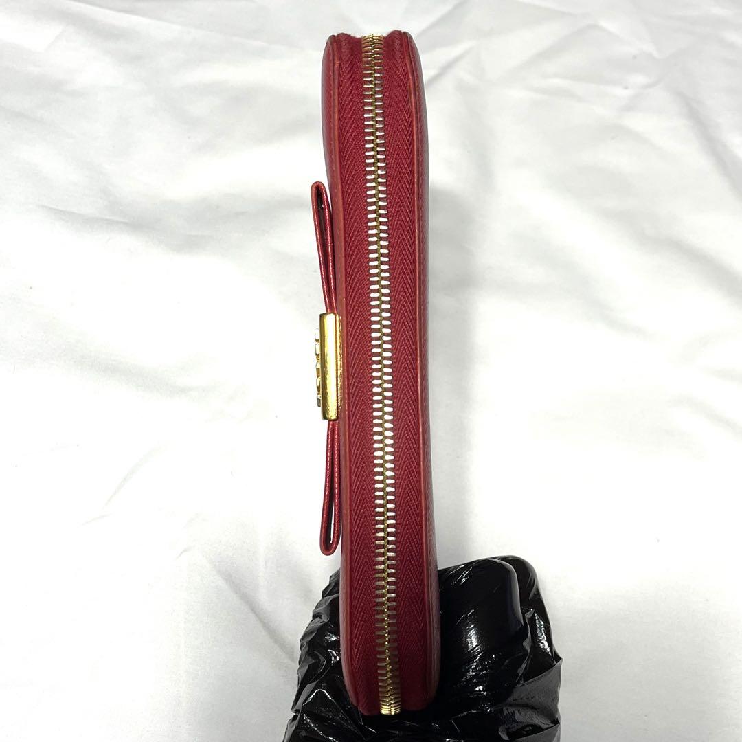 PRADA プラダ　長財布　サフィアーノ　レザー　レッド　リボン　ラウンドジップ