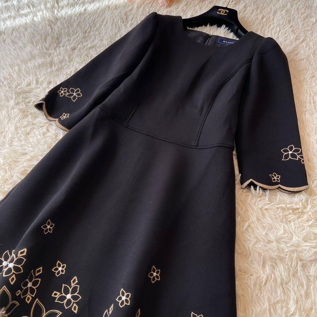 M'S GRACY 2020年 刺繍 ボンディング ワンピース ブラック 36