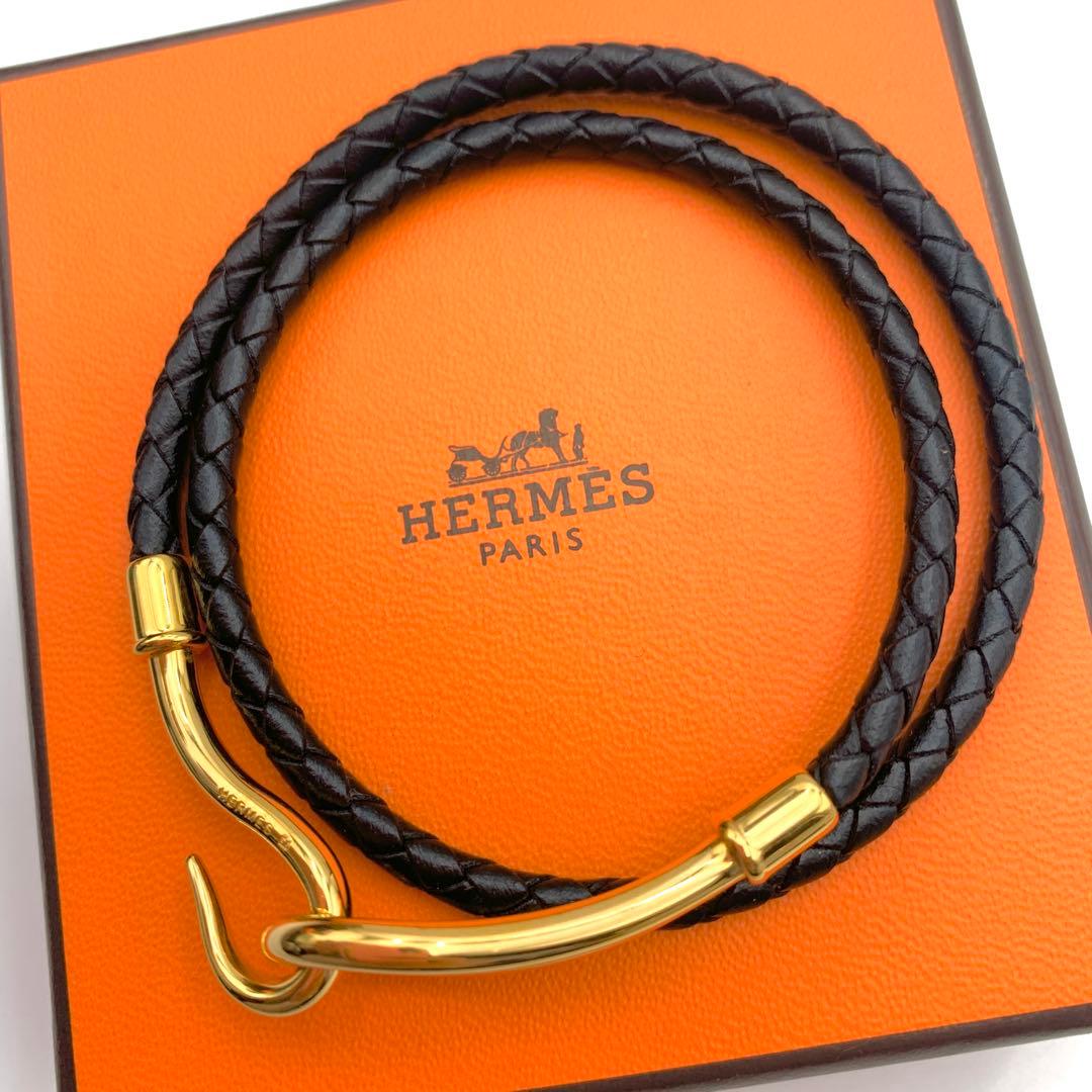 エルメス ジャンボ チョーカー 編み込み2連ブレス ゴールド 黒レザー