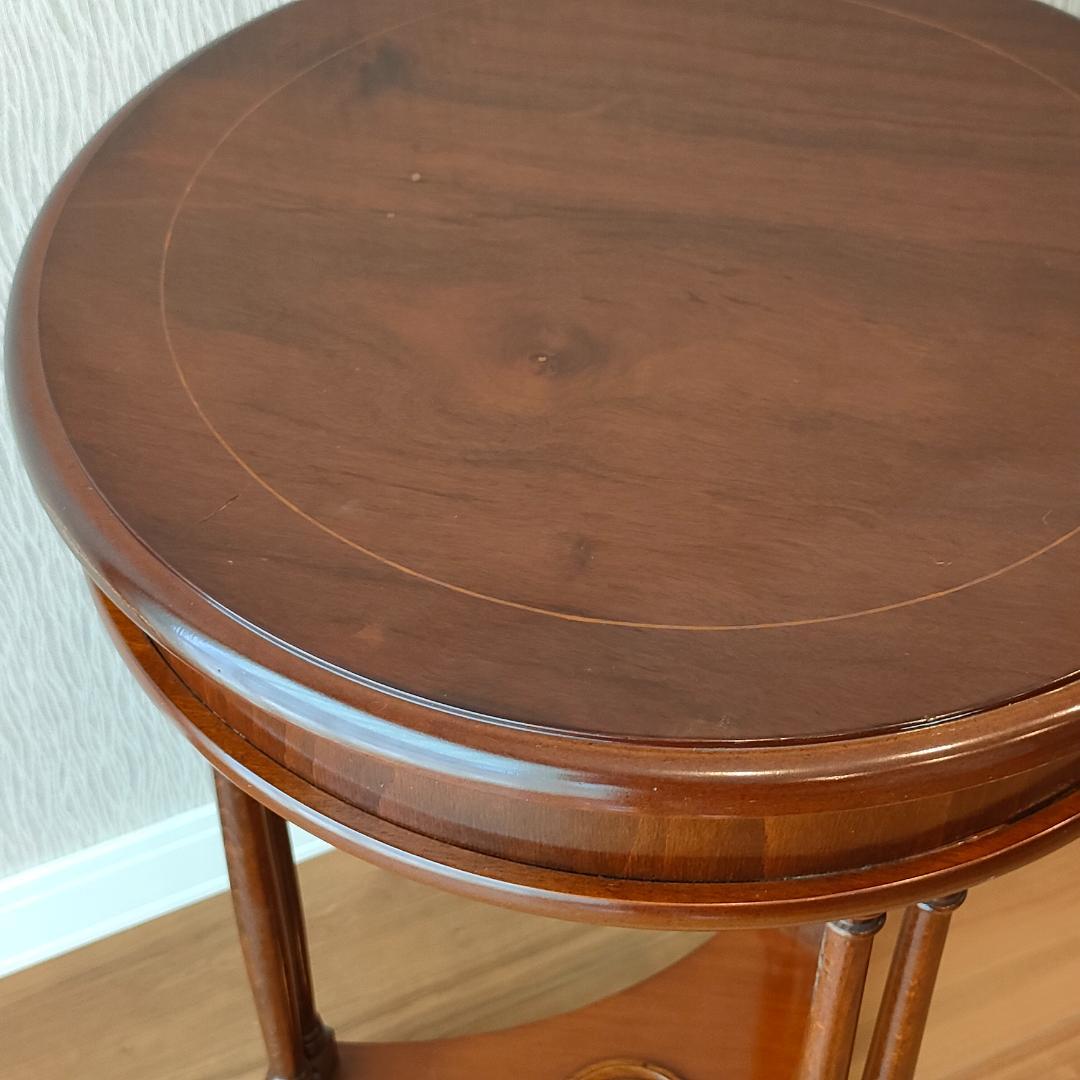 アンティーク　サイドテーブル　ラウンド　象嵌　引出し付き