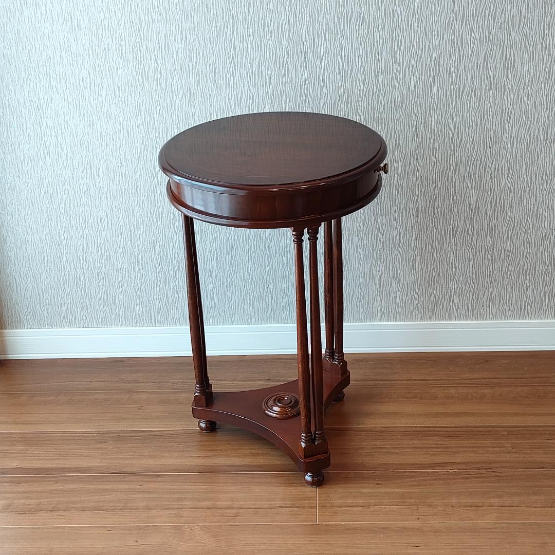 アンティーク　サイドテーブル　ラウンド　象嵌　引出し付き