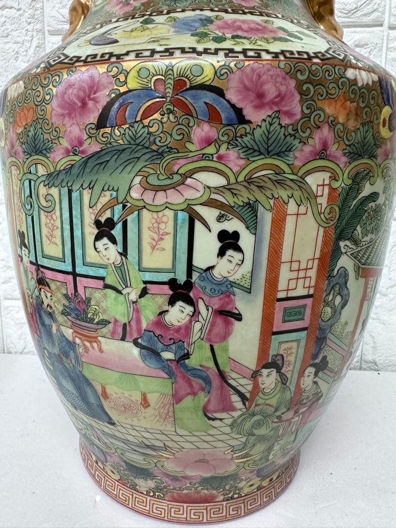 広東絵 粉彩 大花瓶 仕女図 花鳥 46cm 金彩 装飾壺 中国美術