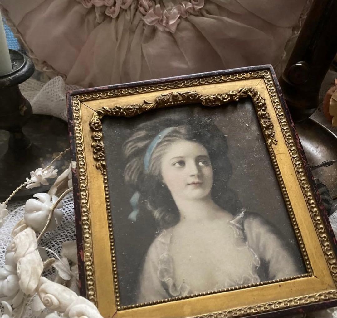 フランスアンティーク優美な貴婦人額装&ヴィクトリアンパラソル2点セット