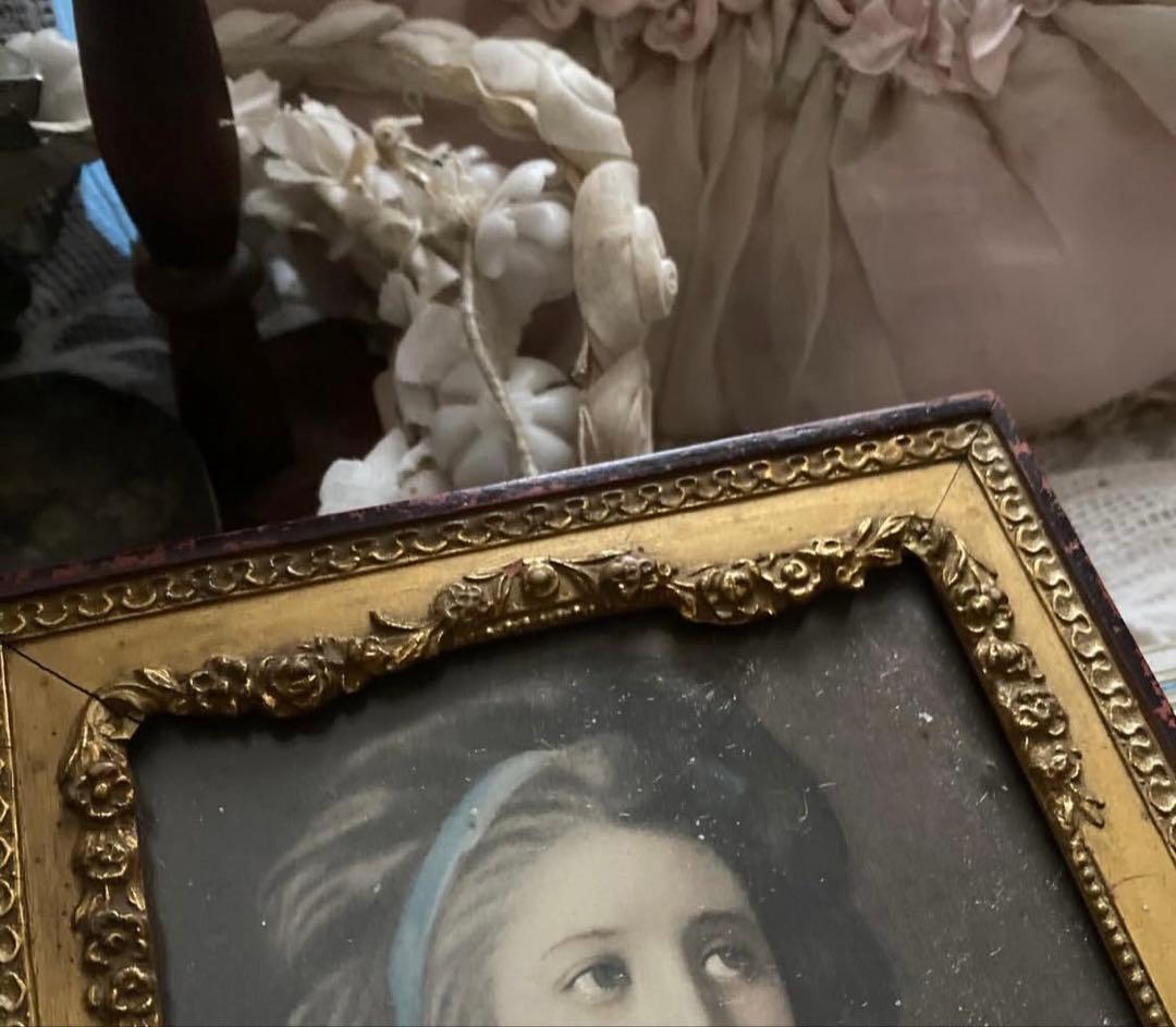 フランスアンティーク優美な貴婦人額装&ヴィクトリアンパラソル2点セット