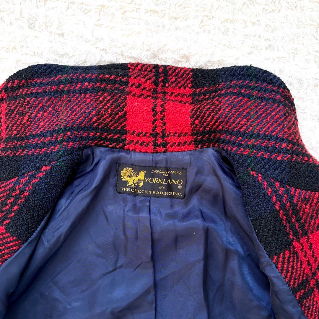 ヨークランド ツイード ロングコート チェック柄 比翼 赤 日本製