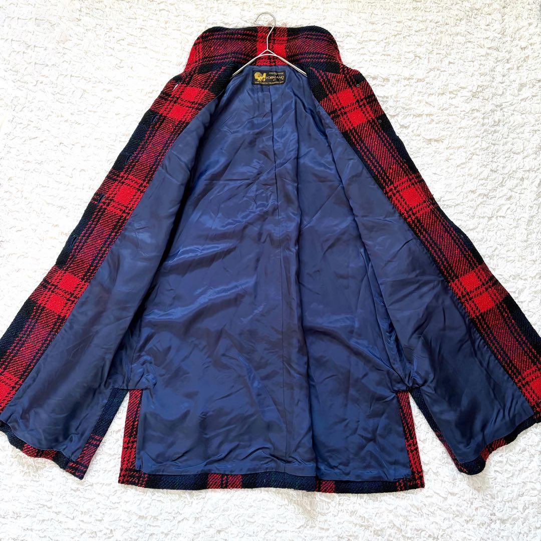 ヨークランド ツイード ロングコート チェック柄 比翼 赤 日本製