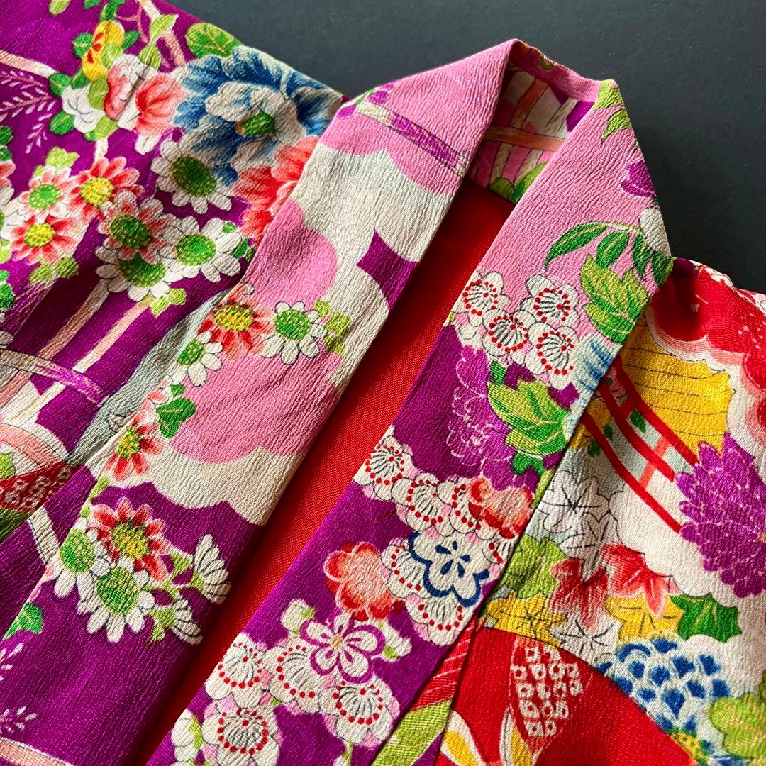 正絹 アンティーク着物 七五三 ◇赤紫色 糸巻き 薬玉 古典柄