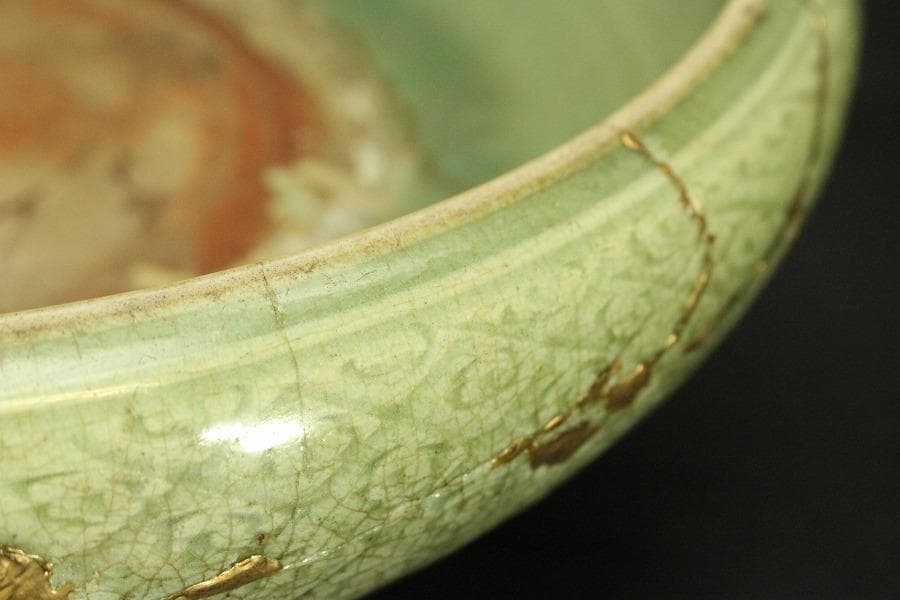 中国美術 七官青磁 三足 水盤 瓶掛 時代物(A880)