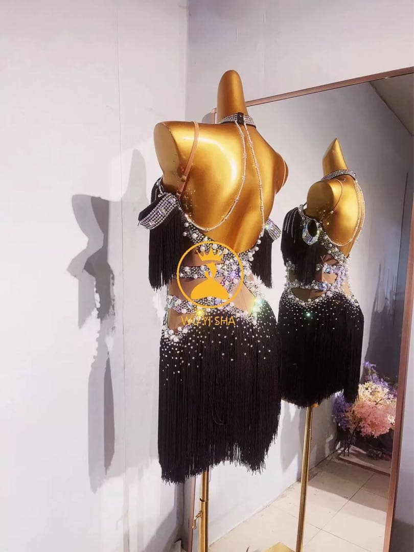 社交ダンス衣装 フリンジ 黒　ラテンダンス　パーティー　大会　試合