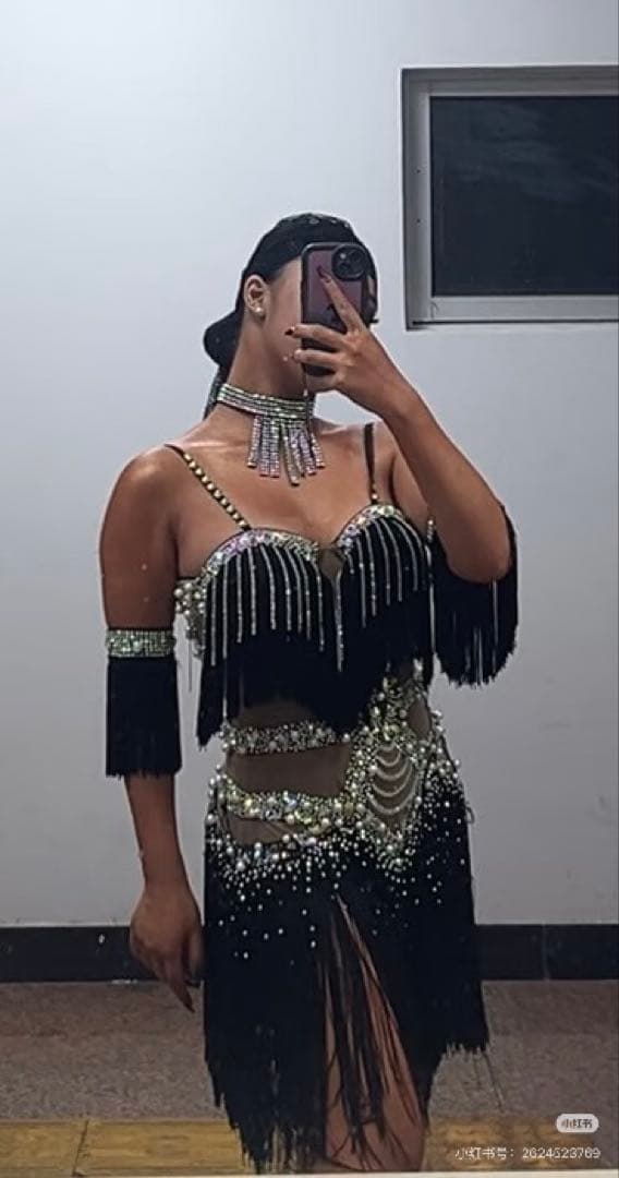 社交ダンス衣装 フリンジ 黒　ラテンダンス　パーティー　大会　試合