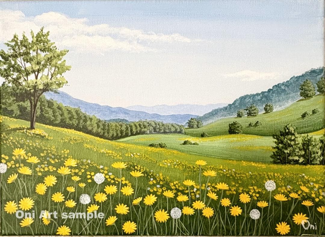 アクリル画 原画 「野花の咲く高原01」額縁付 F4サイズ キャンバス