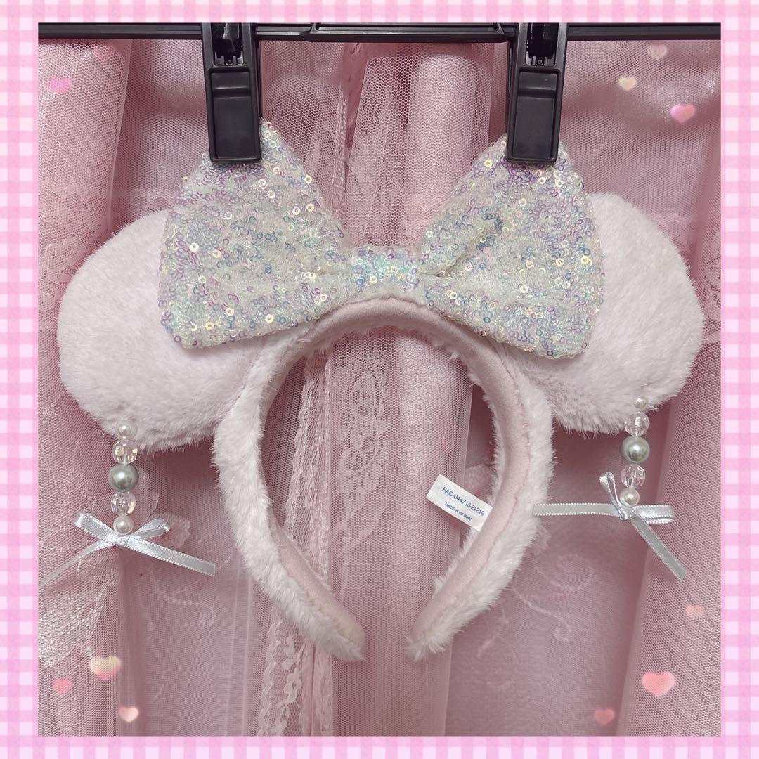 即日発送可 ディズニーカチューシャイヤリングリボン ピンク ふわふわ