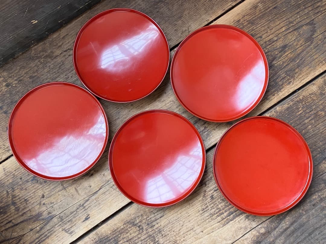 傷あり◎能登蔵出し 輪島塗 朱漆 平椀 5客 / 漆器椀 懐石椀 煮物椀 正月