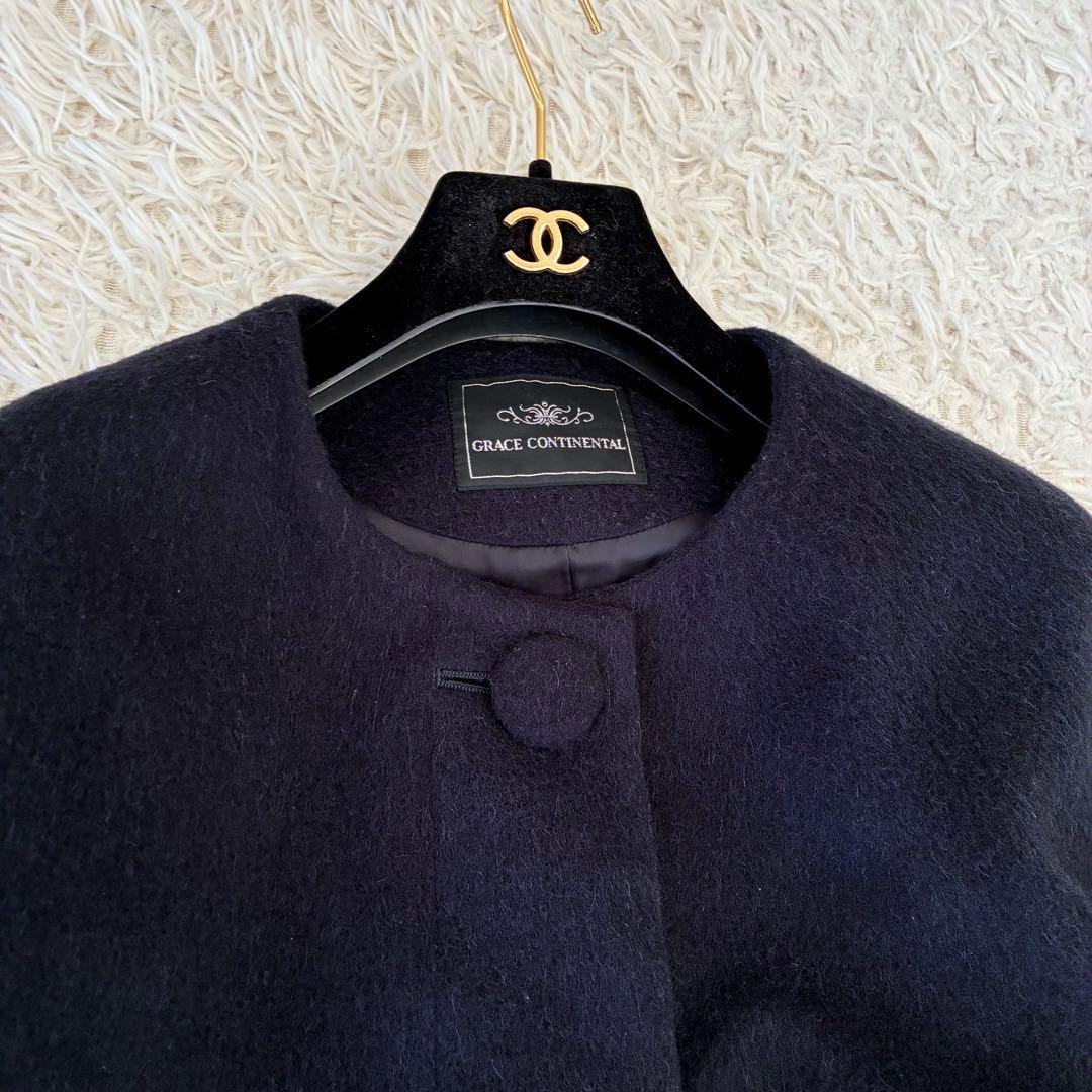 グレースコンチネンタル ノーカラーコート ウール アルパカ ダークネイビー