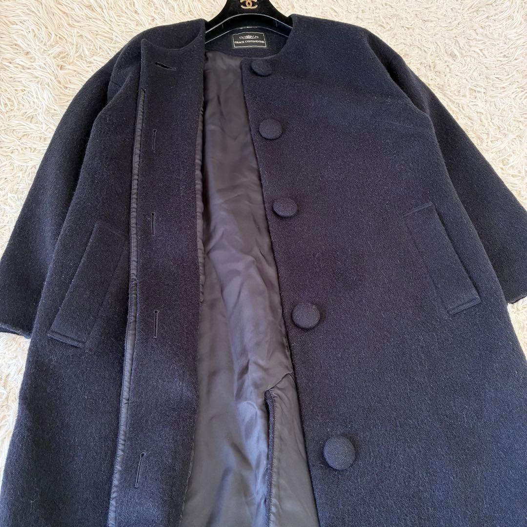 グレースコンチネンタル ノーカラーコート ウール アルパカ ダークネイビー