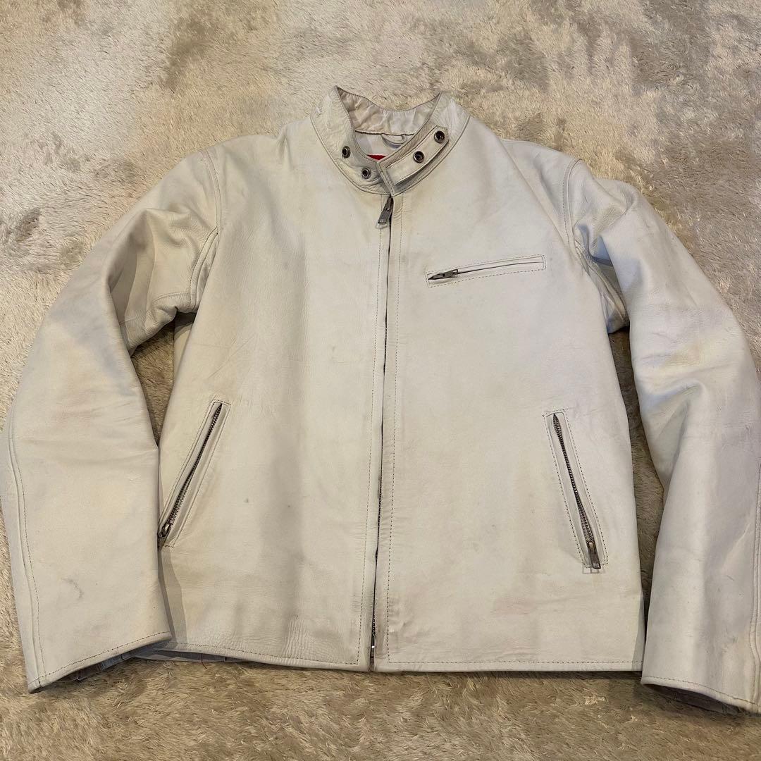 特大3L ホーンワークス　レザージャケット　シングル　ライダース　メンズ　白 Horn Works 本革 メッシュレザー シングルライダースジャケット メンズ