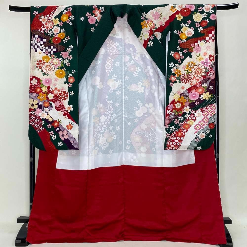 振袖フルセット 緑 グリーン 成人式 草履バック付 裄66cm S-188