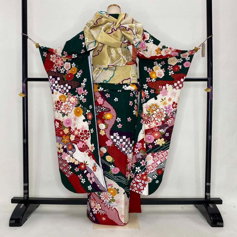 振袖フルセット 緑 グリーン 成人式 草履バック付 裄66cm S-188