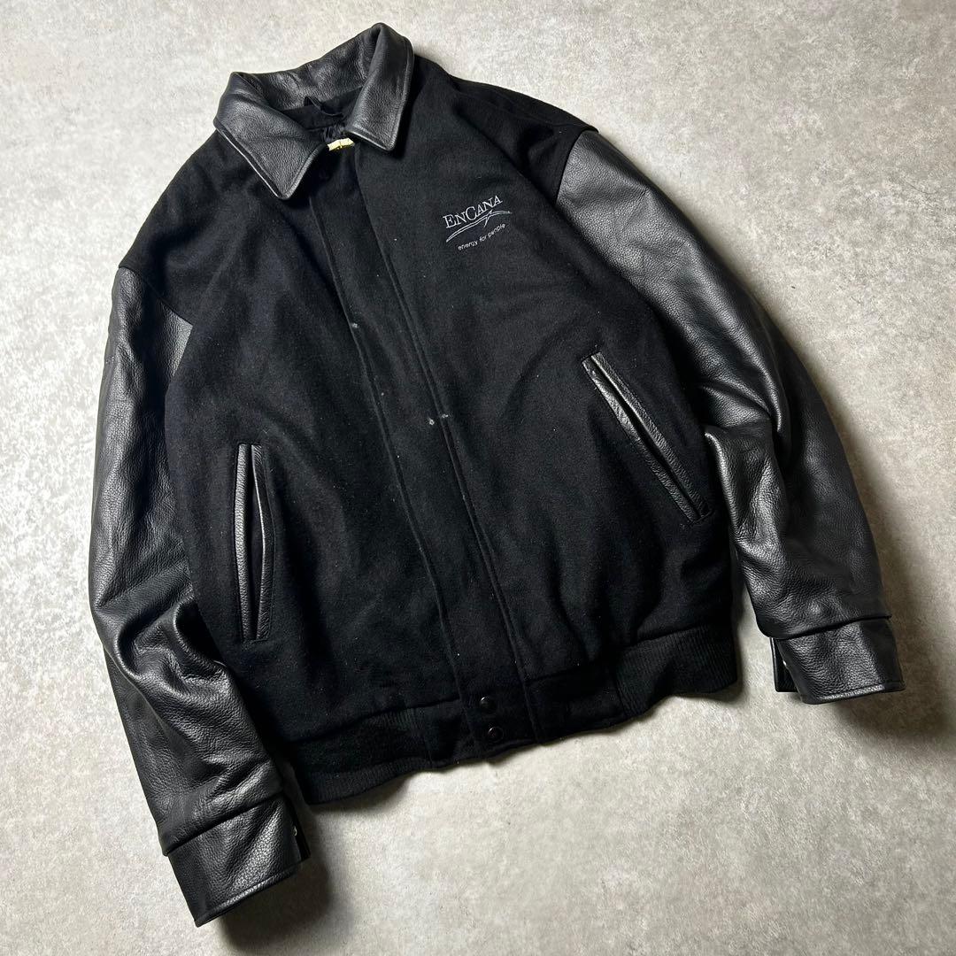 90s vintage オールブラックスタジャン 袖本革 レザー 企業物 刺繍