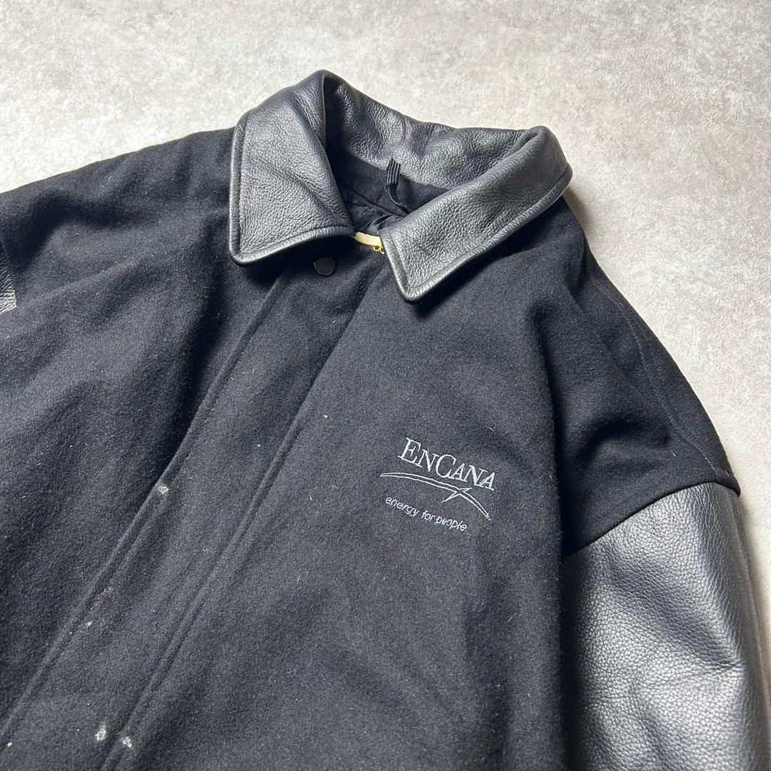 90s vintage オールブラックスタジャン 袖本革 レザー 企業物 刺繍