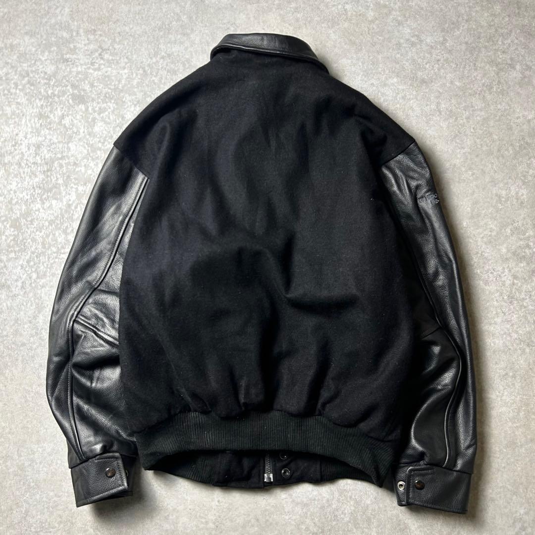 90s vintage オールブラックスタジャン 袖本革 レザー 企業物 刺繍