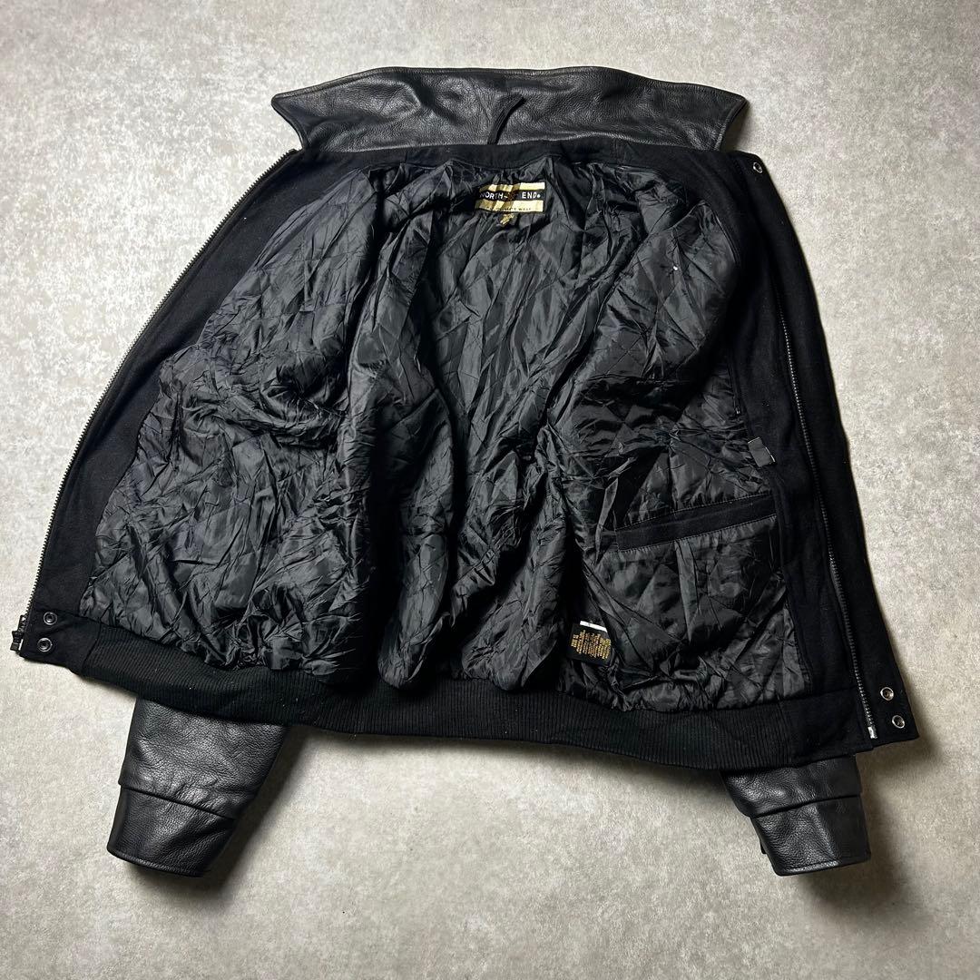 90s vintage オールブラックスタジャン 袖本革 レザー 企業物 刺繍