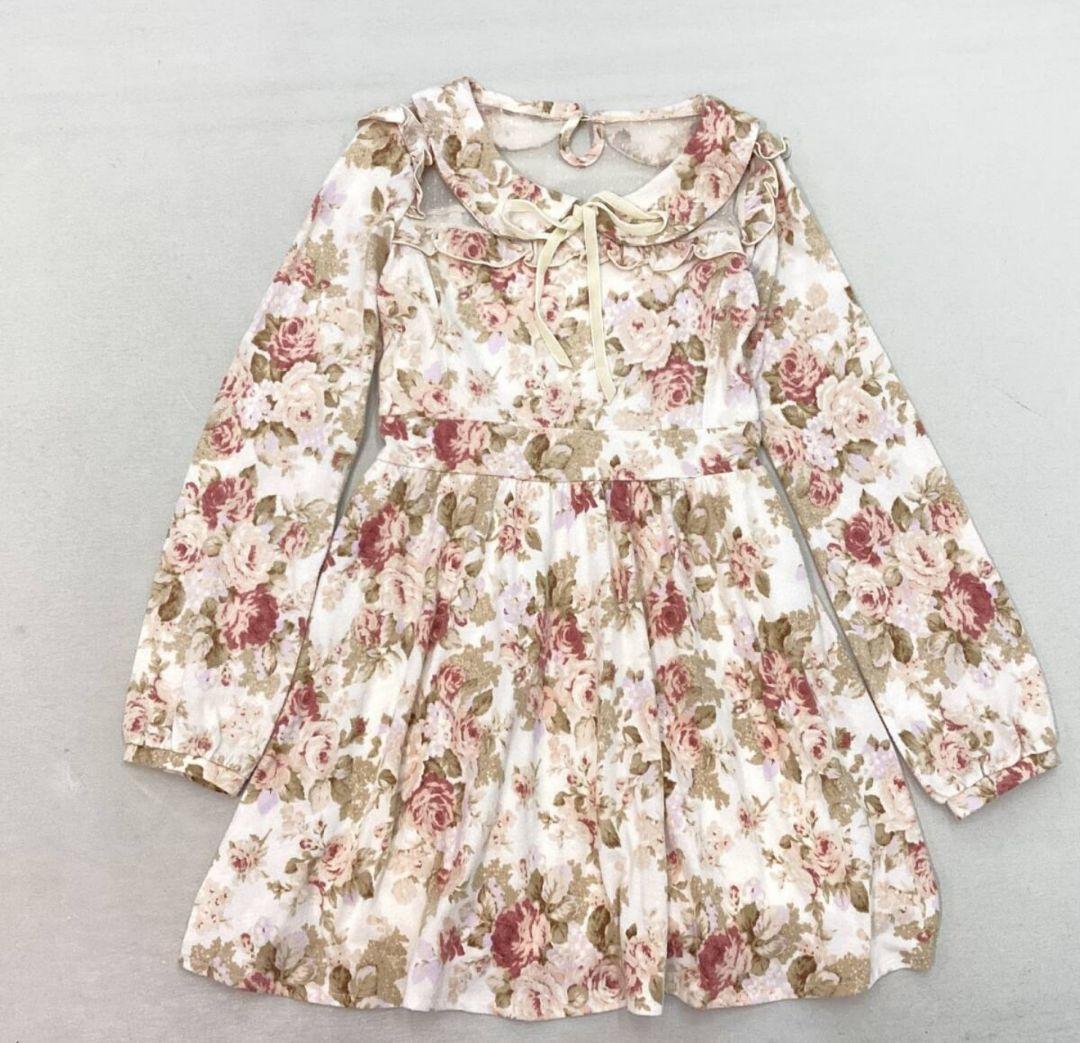 LIZ LISA 花柄ミニワンピース 長袖 フリル 胸元レース 姫系 ガーリー