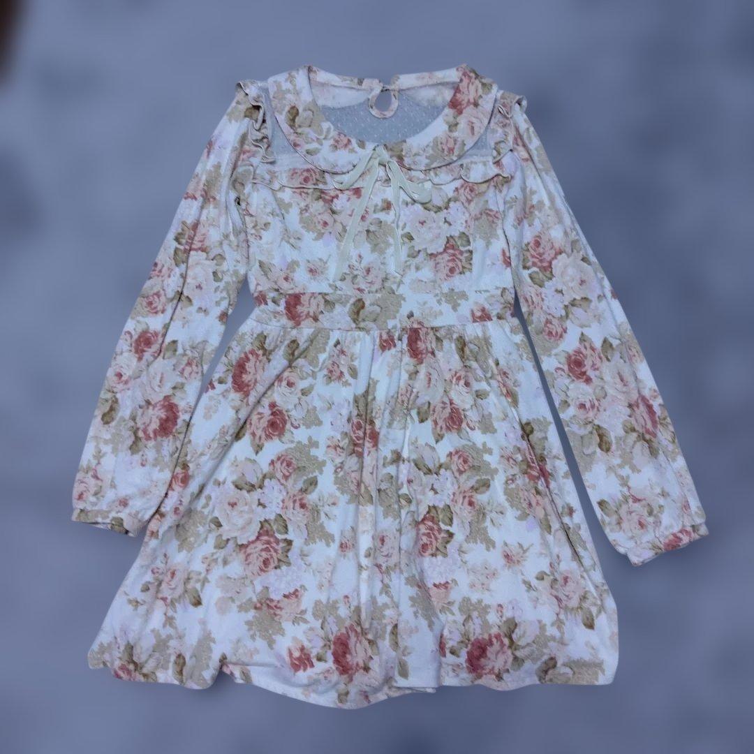 LIZ LISA 花柄ミニワンピース 長袖 フリル 胸元レース 姫系 ガーリー