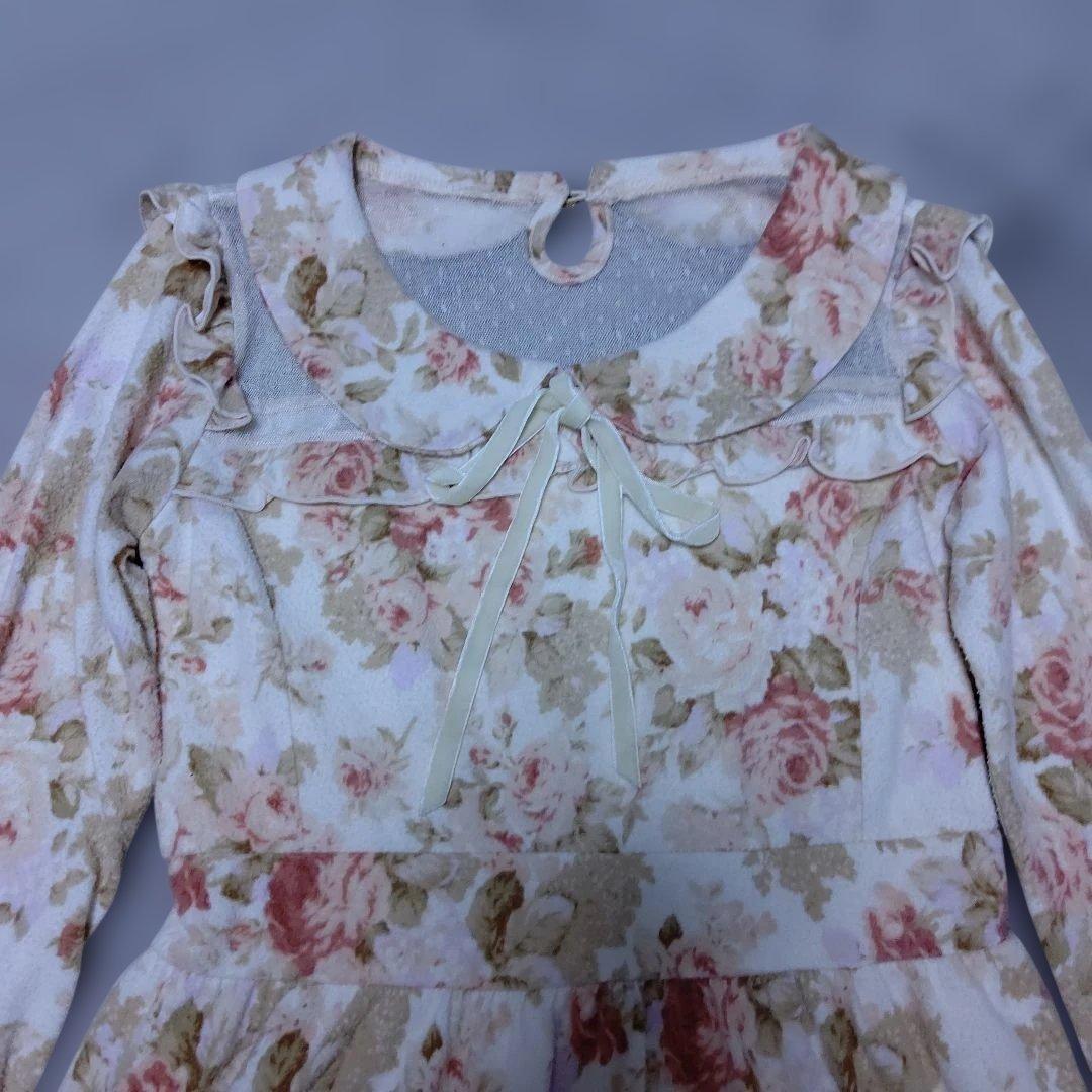 LIZ LISA 花柄ミニワンピース 長袖 フリル 胸元レース 姫系 ガーリー