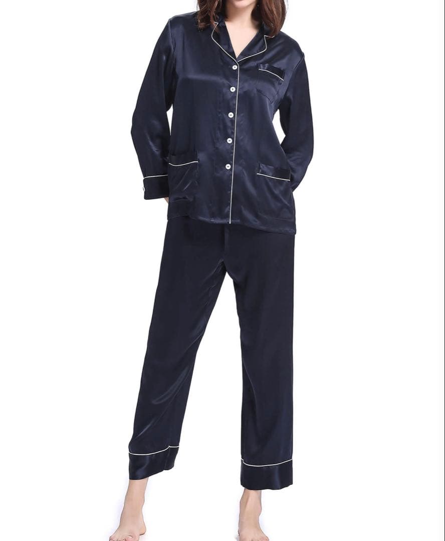 LILY SILK シルク パジャマセット ネイビー　L