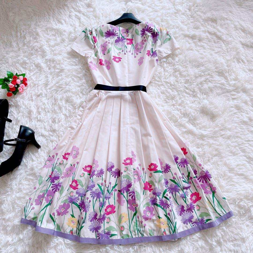 極美品 エムズグレイシー 半袖 膝丈ワンピース 花柄 リボン 36 パープル