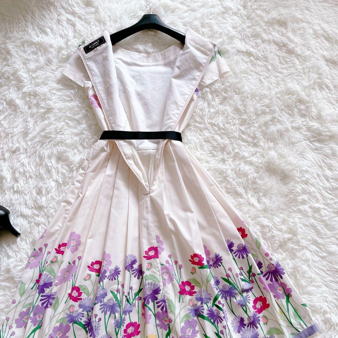 極美品 エムズグレイシー 半袖 膝丈ワンピース 花柄 リボン 36 パープル