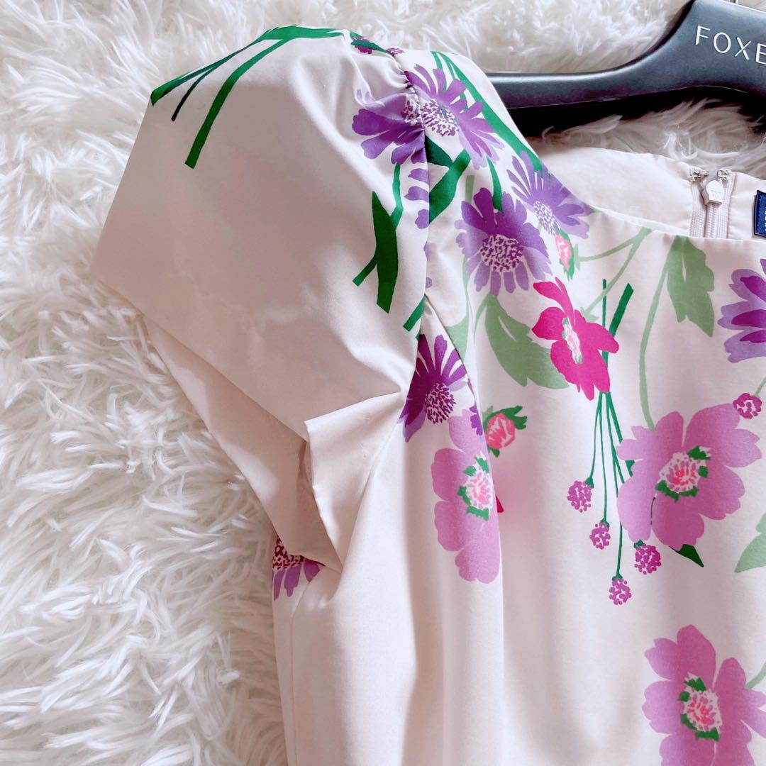 極美品 エムズグレイシー 半袖 膝丈ワンピース 花柄 リボン 36 パープル