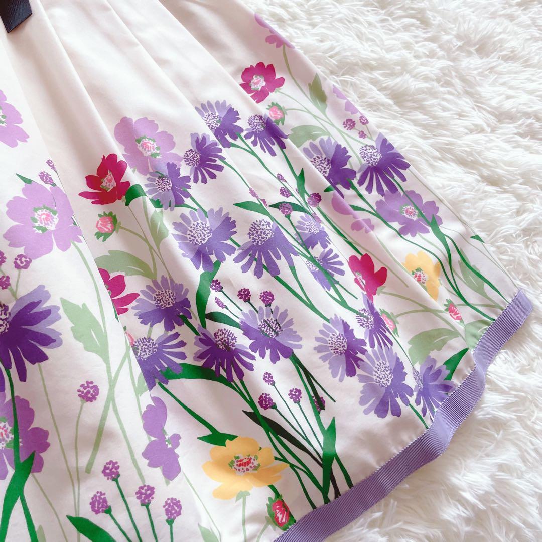 極美品 エムズグレイシー 半袖 膝丈ワンピース 花柄 リボン 36 パープル