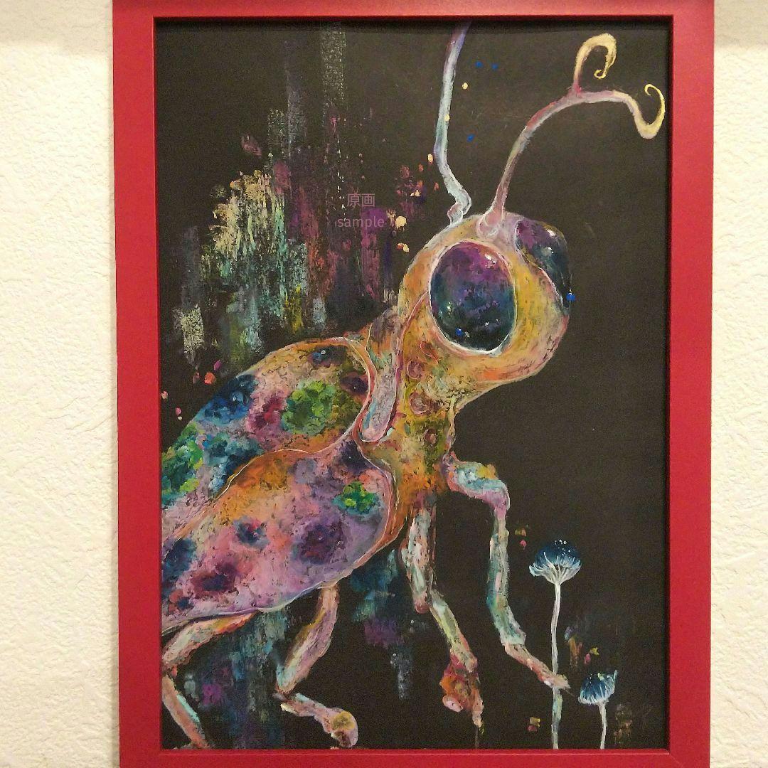 昆虫 玉虫 クレパス画 カラフル 現代アート ポップ 原画 絵画 茸 美術