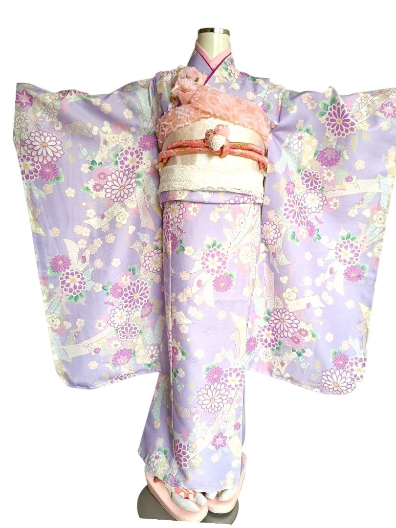 新品着物☆薄い紫の着物☆白作り帯フルセット