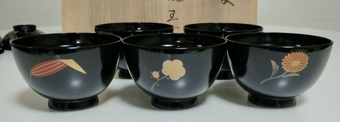 輪島塗 四君子蒔絵 遠山沈金 吸物椀 5客セット 角偉三郎など5人作家