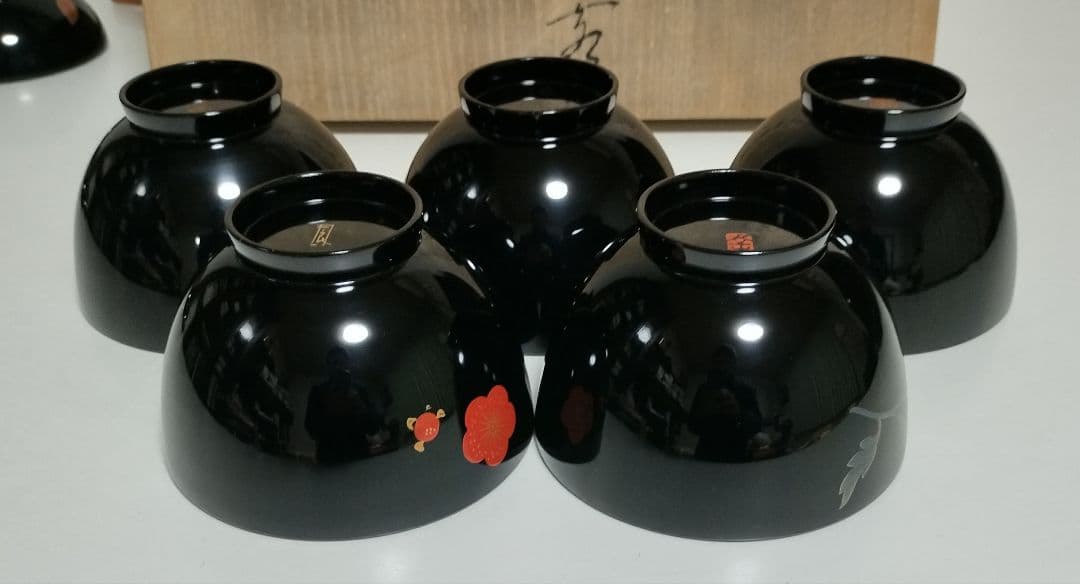 輪島塗 四君子蒔絵 遠山沈金 吸物椀 5客セット 角偉三郎など5人作家